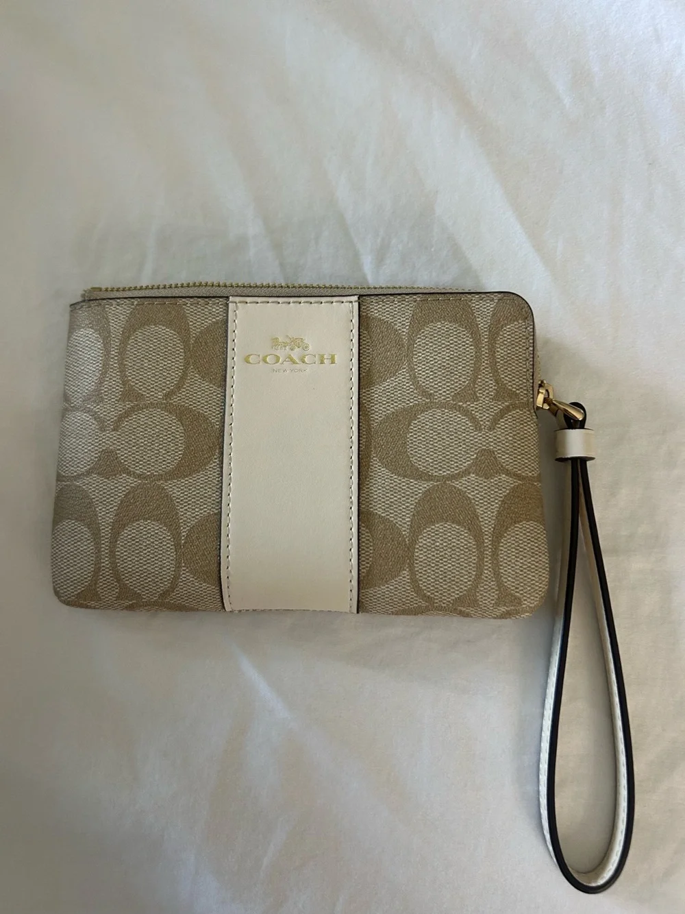 Coach Beige Signature Canvas Wristlet with Cream Leather Stripe